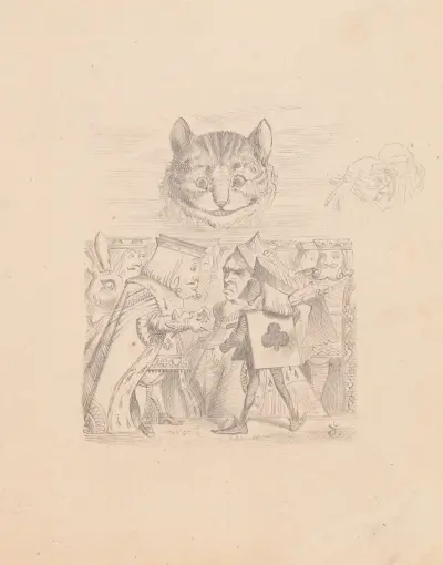 Drawing of the Cheshire Cat in the Sky with Executioner, King and Queen below av Sir John Tenniel