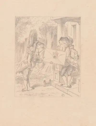 Drawing of the Fish Footman and the Frog Footman av Sir John Tenniel