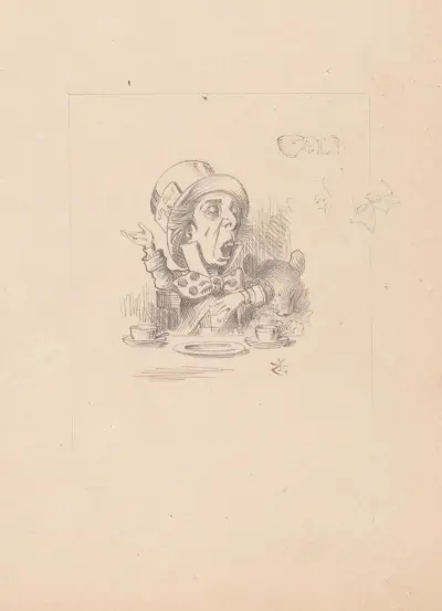 Drawing of the Hatter engaging in rhetoric av Sir John Tenniel