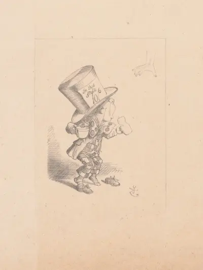 Drawing of the Mad Hatter arrives hastily in court to testify av Sir John Tenniel