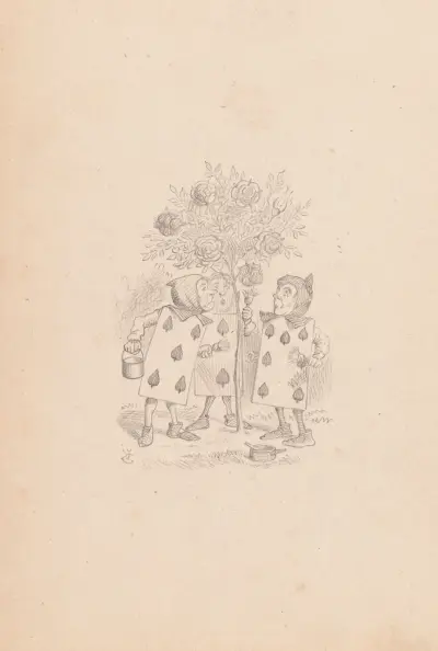 Drawing of Two, Five and Seven painting the rosebush av Sir John Tenniel