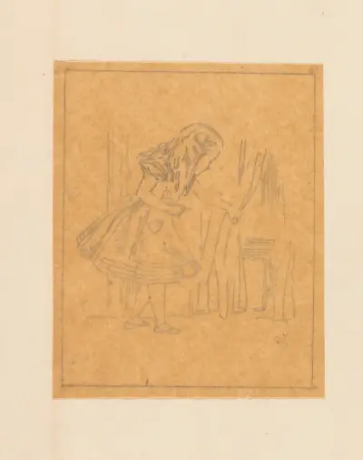 Spårteckning av Alice som letar efter dörren av Sir John Tenniel