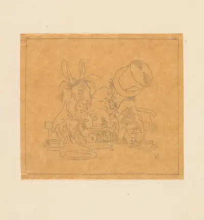 Tracing of Hatter and March Hare putting dormouse in teapot av Sir John Tenniel