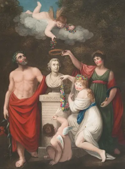 Æsculapius, Ceres, and Cupid honouring the bust of Linnæus von Robert John Thornton