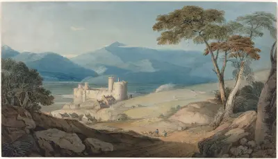 Harlech Castle and Snowdon av John Varley