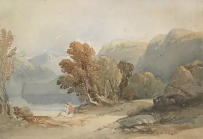 Landskap, sjö och figur av John Varley