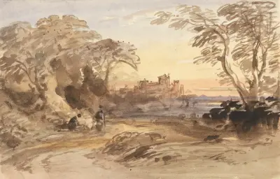 Landskap med figurer och avlägset slott av John Varley
