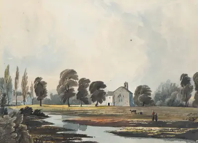 Ängslandskap med bäck och kyrka i bakgrunden av John Varley