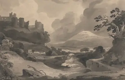 Bergslandskap med slottsruin på klippa av John Varley