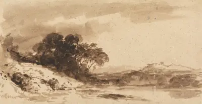 Flodlandskap med två figurer, sjö och avlägsna berg av John Varley