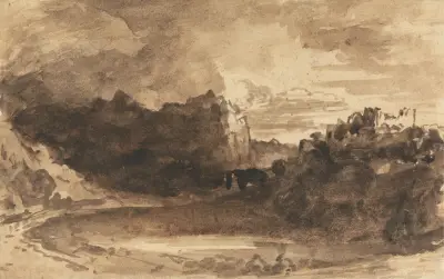 Romantiskt landskap med klippor och slott av John Varley