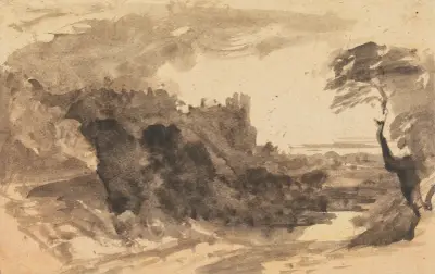 Romantiskt landskap med slott och ett träd till höger av John Varley