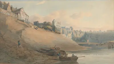 Utsikt över Chepstow Castle, Monmouthshire, från under bron av John Varley