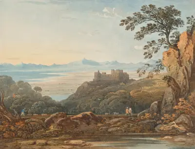 Vy över Harlech Castle, Nordwales av John Varley