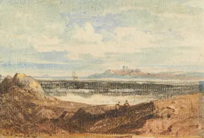 Vy över kuperad kustlinje, Bamburgh, Northumberland av John Varley