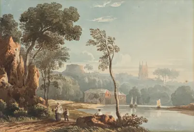 Vy över Totnes från floden Dart, South Devon av John Varley