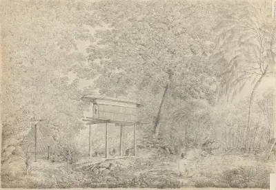 A Toopapaoo of a Chief, with a Priest Making his Offering to the Morai, in Huoheine av John Webber