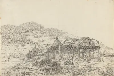 The Balagans or Summer Habitations, with the Method of Drying Fish, at St. Peter and Paul, Kamtschatka av John Webber