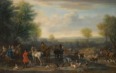 En jaktscen; möjligen föreställande Charles Spencer, 3:e hertig av Marlborough (1706–1758) och hans hustru Elizabeth, grevinna av Marlborough (d. 1761) av John Wootton