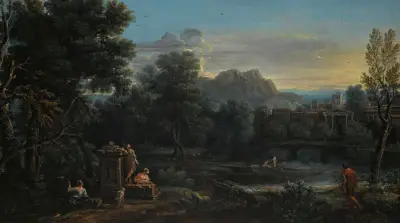 Skogslandskap med vilande figurer och badande i floden, en stad i bakgrunden av John Wootton