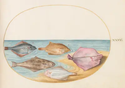 Plansch 35; Undersidorna på piggvar och andra plattfiskar av Joris Hoefnagel