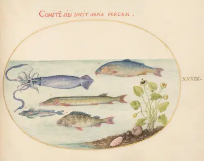 Blad 39: Bläckfisk, knorrhanar, gädda och andra fiskar av Joris Hoefnagel