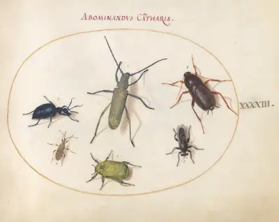 Blad 43; myskbock, oljebagge, krysantembagge, kackerlacka, bladfotad skinnbagge och andra insekter av Joris Hoefnagel