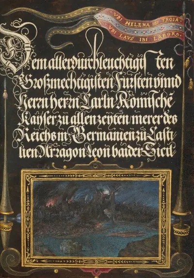 The Burning of Troy; Banner of the House of Hapsburg av Joris Hoefnagel