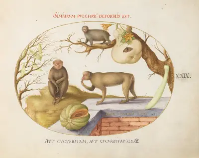 Two Monkeys, an ‘Arctopithecus'(Sloth) and Fruit av Joris Hoefnagel