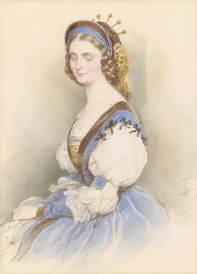 Bildnis einer jungen Dame in blauem Kleid av Josef Kriehuber