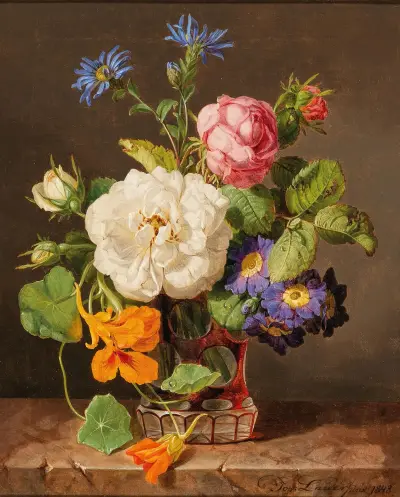 A Bouquet of Flowers with White and Red Roses, Primroses and Nasturtium av Josef Lauer