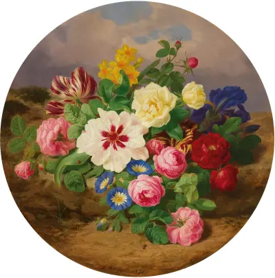 A Bouquet of Roses, Tulips and Narcissus on Sandy Ground av Josef Lauer