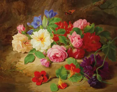A Forest Floor with Roses and a Butterfly av Josef Lauer