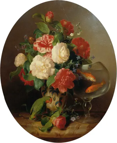 Blumenstück mit Goldfischglas av Josef Lauer