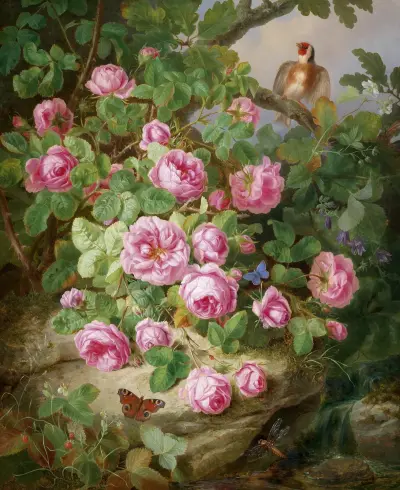 Großes Rosenstillleben mit Schmetterlingen und Vogel av Josef Lauer