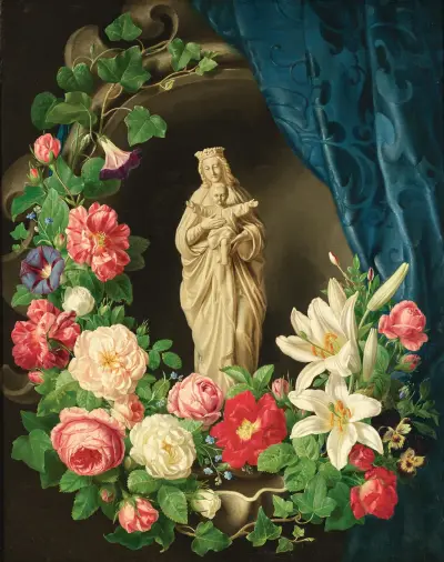 Madonna with child in a floral tendrils of roses, lilies and vetches av Josef Lauer