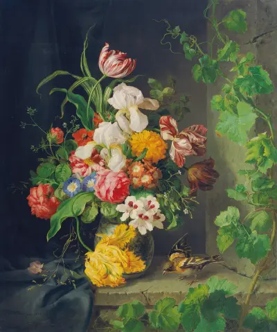 Still life with flowers, sparrow and vine branch av Josef Lauer
