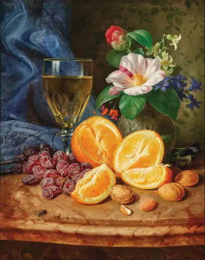 Still Life with Oranges, a Wine Glass and Camellias in a Vase av Josef Lauer