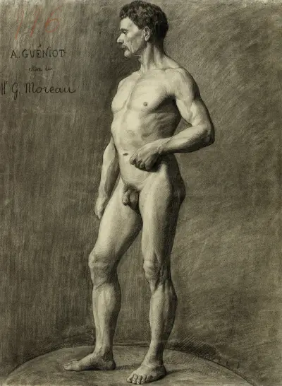 Académie d’homme debout, tourné vers la gauche (modèle d’atelier) av Arthur-Joseph Gueniot