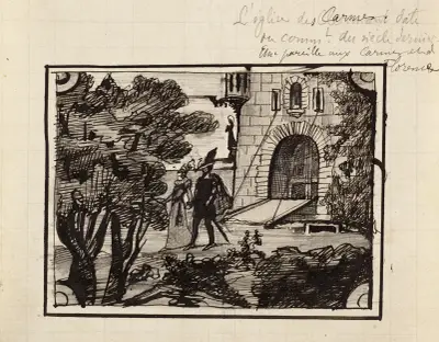 Couple en costumes du Moyen Age sortant d’un château avec pont-levis av Arthur-Joseph Gueniot