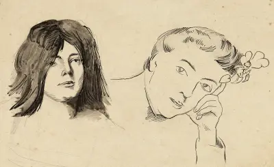 Två kvinnohuvuden, det ena med långt hår, det andra lutat mot sin vänstra hand av Arthur-Joseph Gueniot
