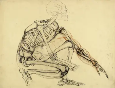 Etude anatomique. Squelette d’homme accroupi, vers la droite av Arthur-Joseph Gueniot