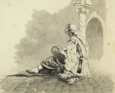 Femme mauresque assise devant une colonne torsadée av Arthur-Joseph Gueniot