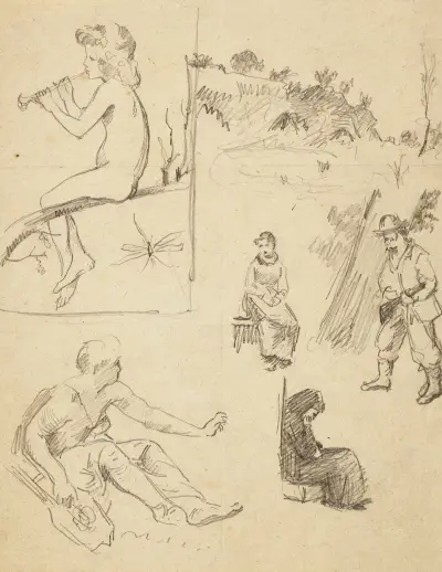 Blatt mit sechs Studien, darunter eine Landschaft, zwei sitzende Frauen, ein Jäger und ein nackter Junge, der Flöte spielt von Arthur-Joseph Gueniot