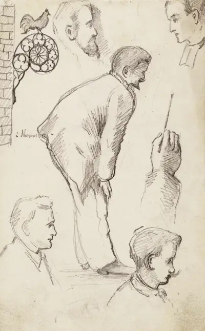 Studieblad med fyra manshuvuden, en framåtlutad man, en högerhand som håller en pensel och en skylt av Arthur-Joseph Gueniot