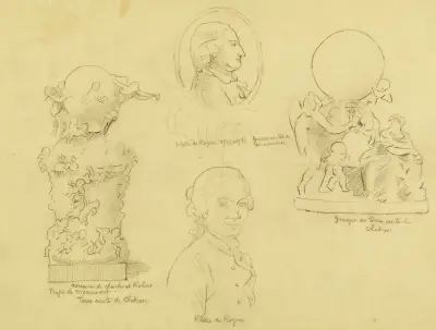 Studieblad med två porträtt av Pilatre de Rozier och två terrakottor av Clodion av Arthur-Joseph Gueniot