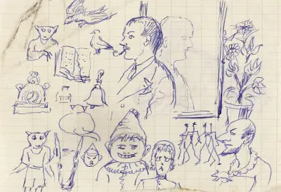 Studieblad med många karikatyrer av Arthur-Joseph Gueniot