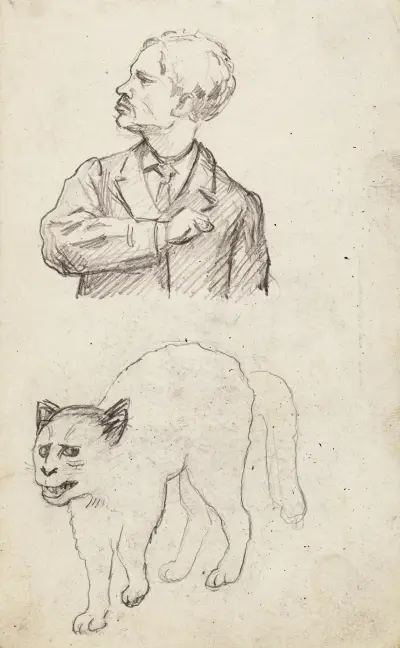 Halvfigur i profil mot vänster med katt av Arthur-Joseph Gueniot