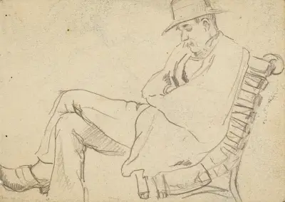 Sitzender Mann auf einer Bank, im Profil nach links, mit Holzschuhen von Arthur-Joseph Gueniot