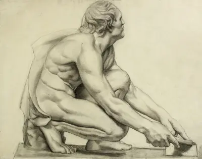 Hockender Mann, Profil nach rechts, Gesicht teilweise verdeckt von Arthur-Joseph Gueniot